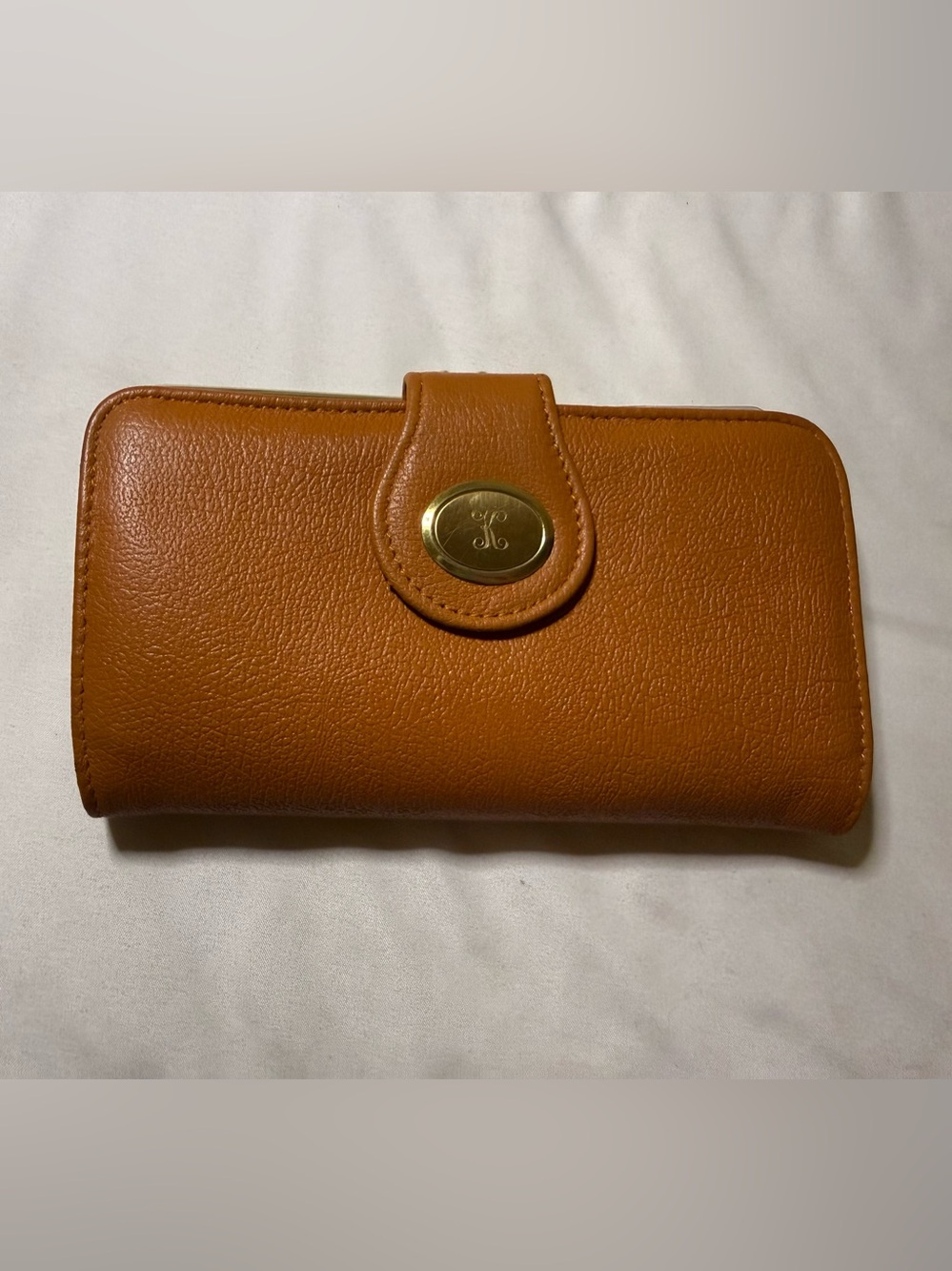 Women's Tan Leather Wallet with Gold Medallion K Snap